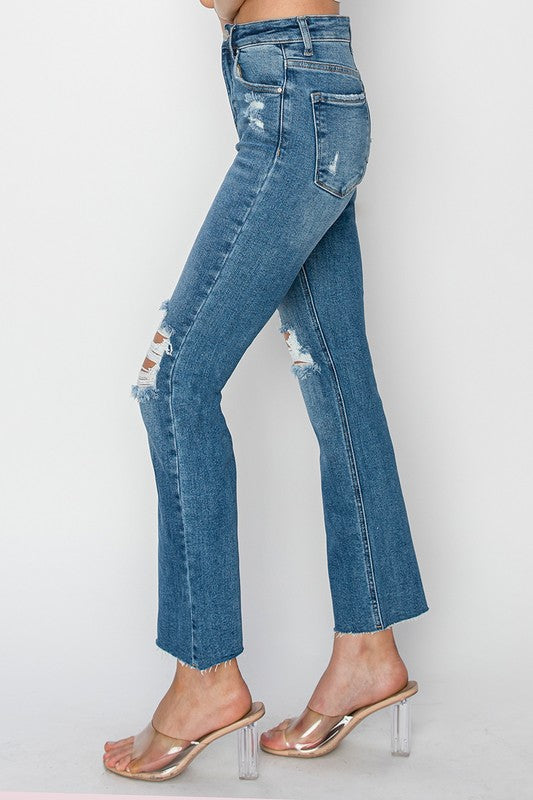 HIGH RISE DISTRESSED ANKLE JEANS - MEDIUM