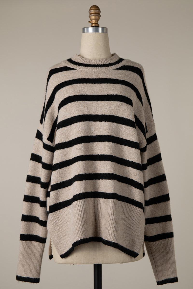 SOFT STRIPED TUNIC SWEATER - BEIGE/BLACK