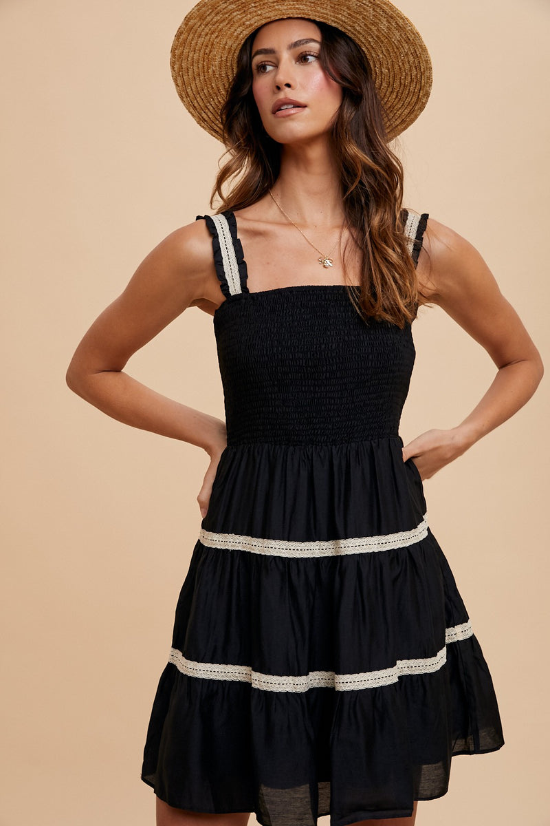 CROCHET TRIM RUFFLE MINI DRESS - BLACK