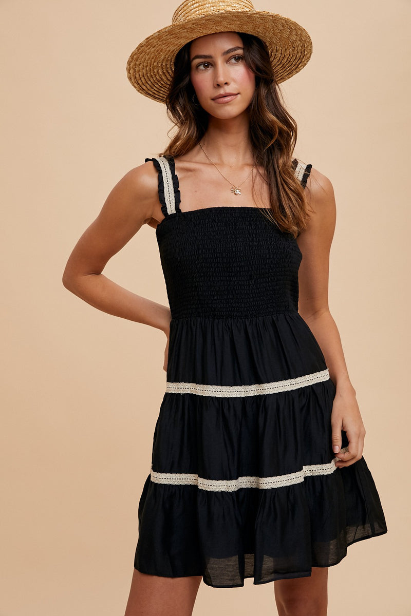 CROCHET TRIM RUFFLE MINI DRESS - BLACK