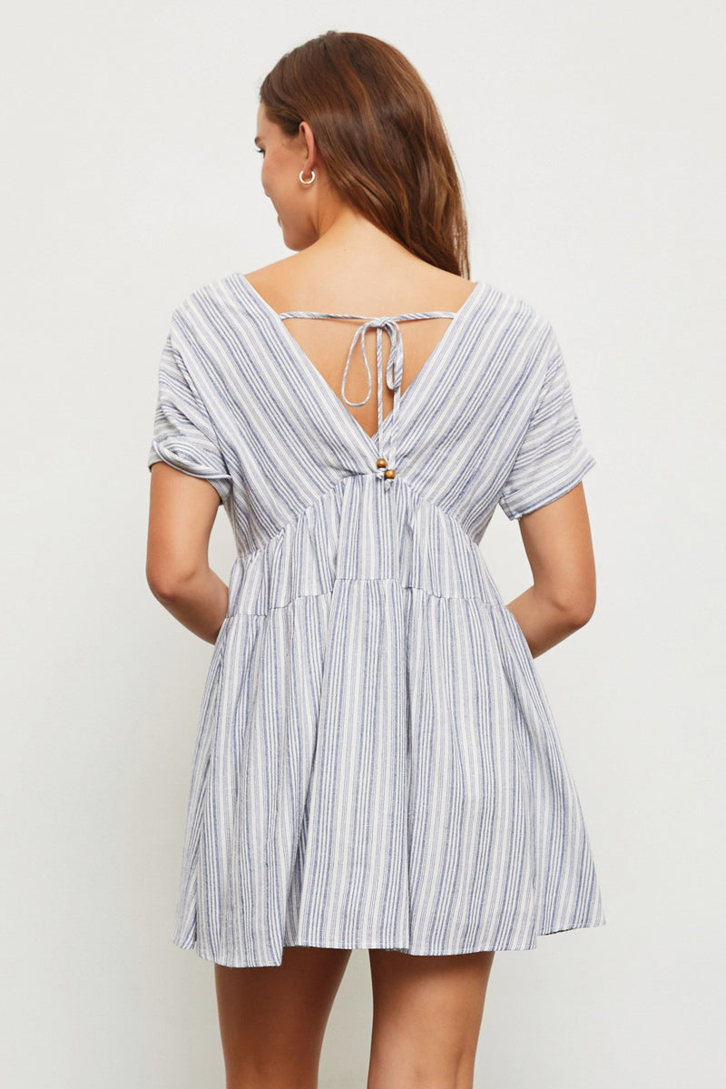 TIERED V-NECK MINI DRESS - CHAMBRAY DENIM