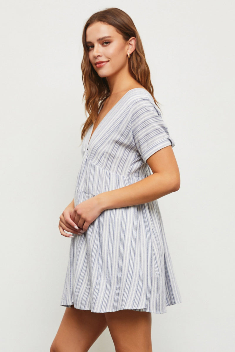 TIERED V-NECK MINI DRESS - CHAMBRAY DENIM