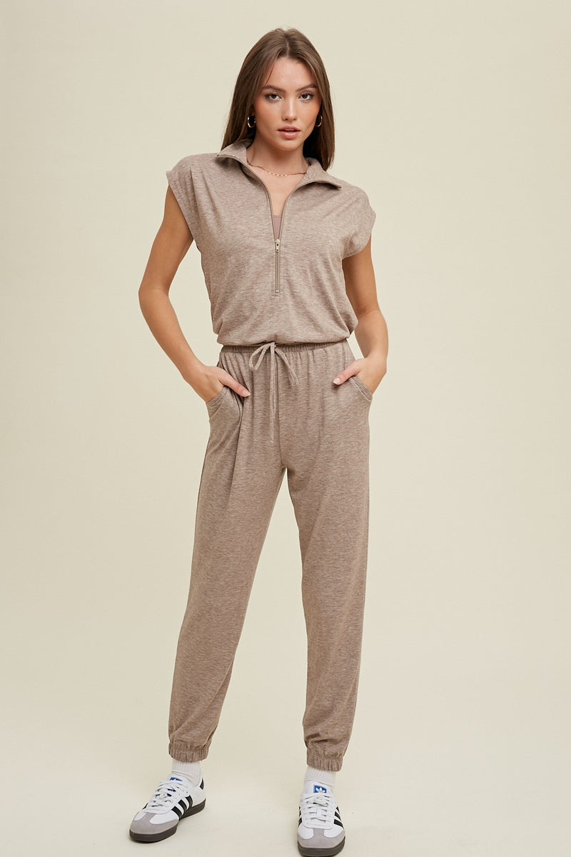 HALF-ZIP KNIT JUMPSUIT - MOCHA