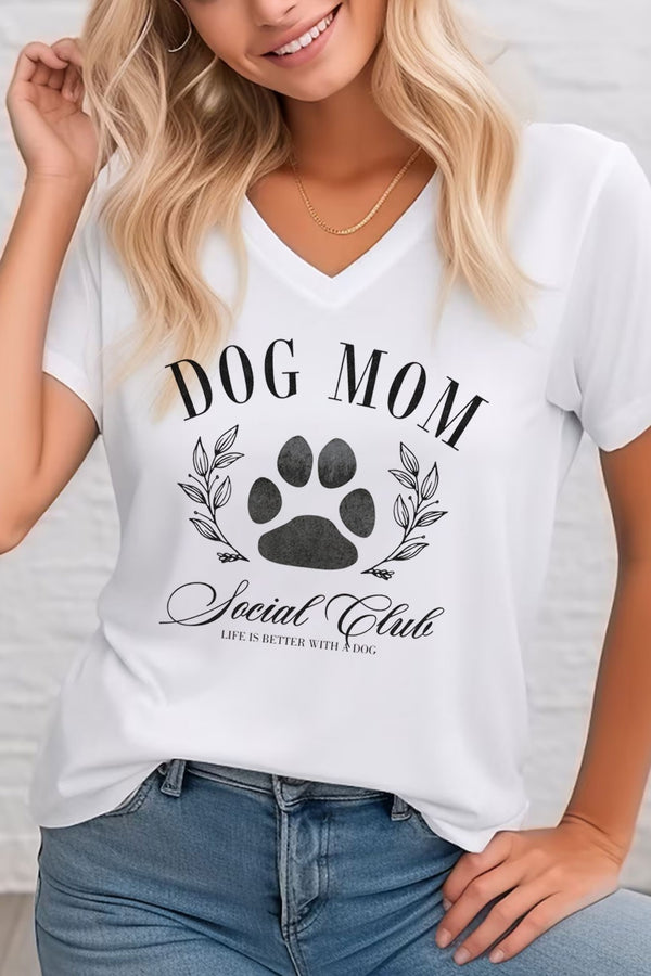 "DOG MOM SOCIAL CLUB" V-NECK T-SHIRT - WHITE
