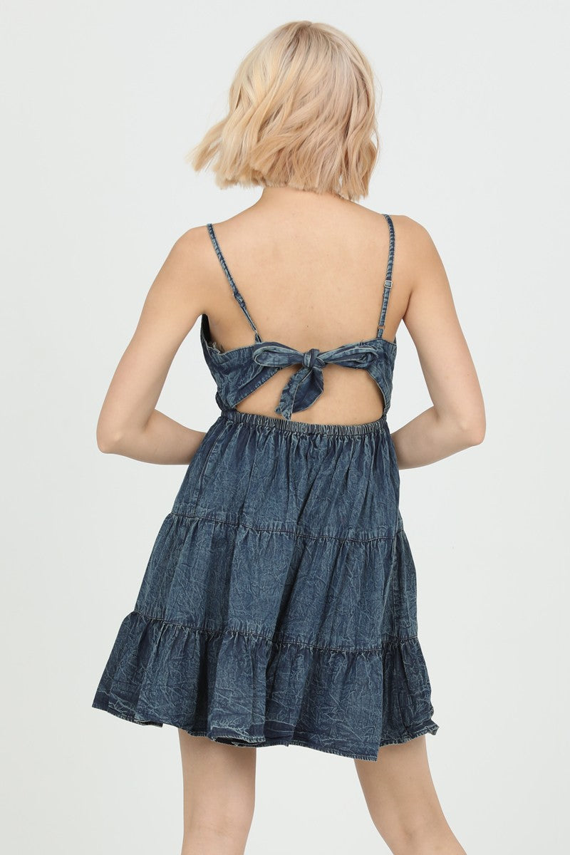 OPEN BACK DENIM MINI DRESS - BLUE