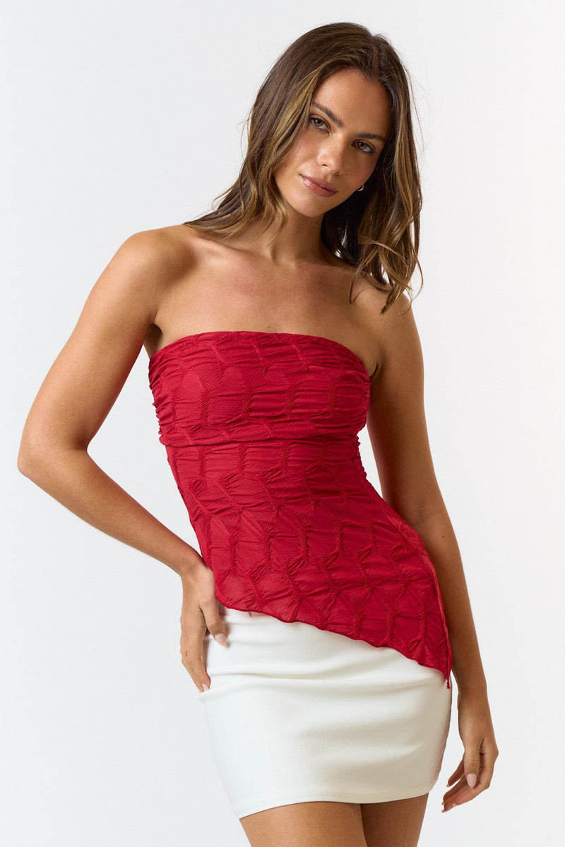 TEXTURED ASYMMETRICAL TUBE TOP -RED