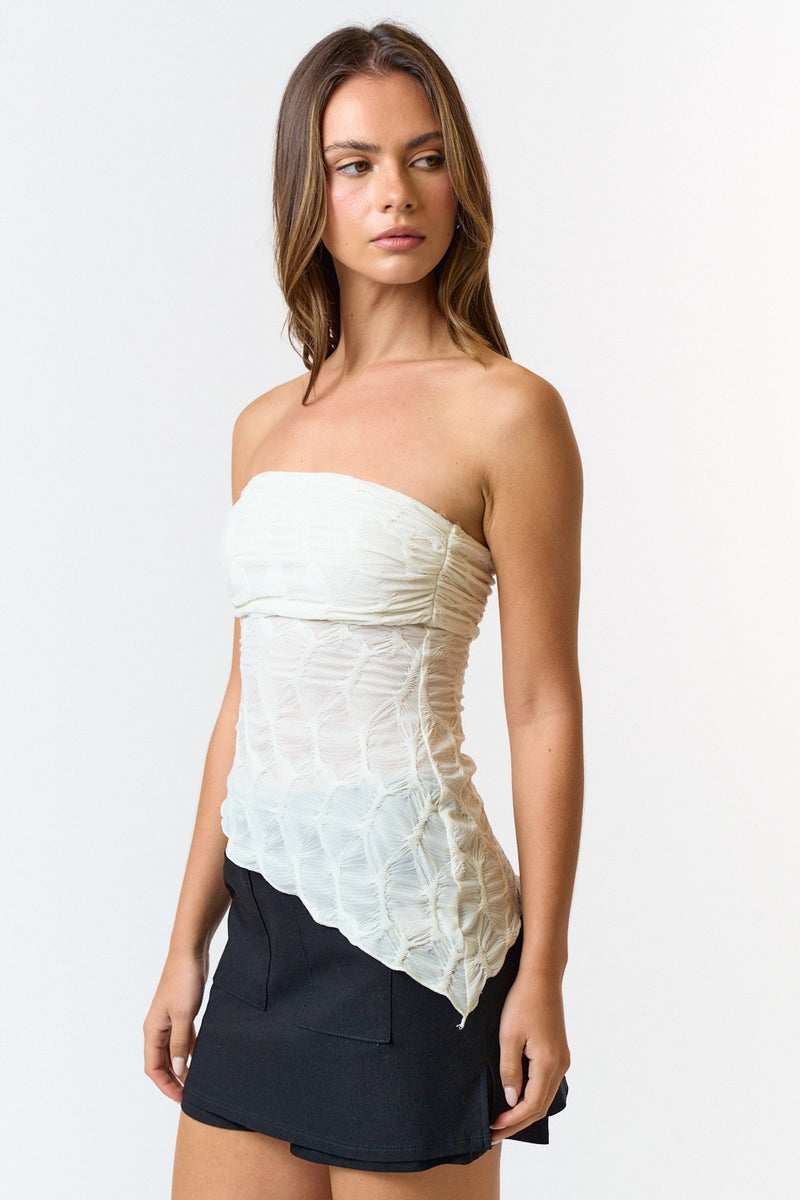 TEXTURED ASYMMETRICAL TUBE TOP - MARSHMALLOW