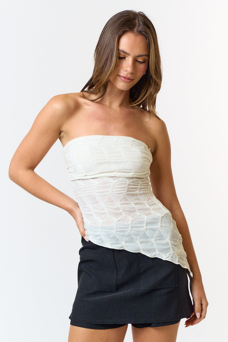 TEXTURED ASYMMETRICAL TUBE TOP - MARSHMALLOW