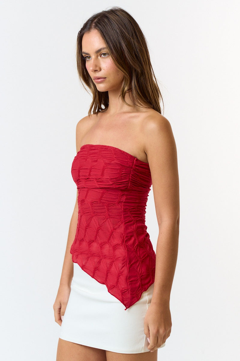 TEXTURED ASYMMETRICAL TUBE TOP -RED