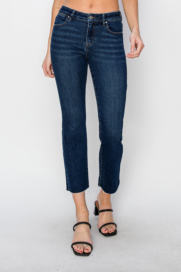 MID RISE ANKLE STRAIGHT JEANS -  DARK WASH