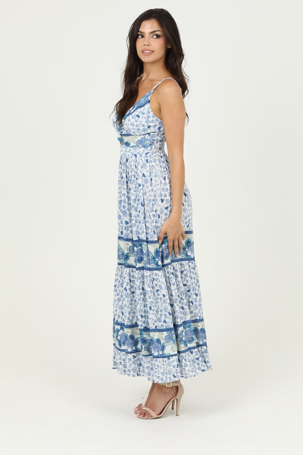 FLORAL MAXI DRESS WITH FRONT CUTOUT - BLUE/ OFF WHITE