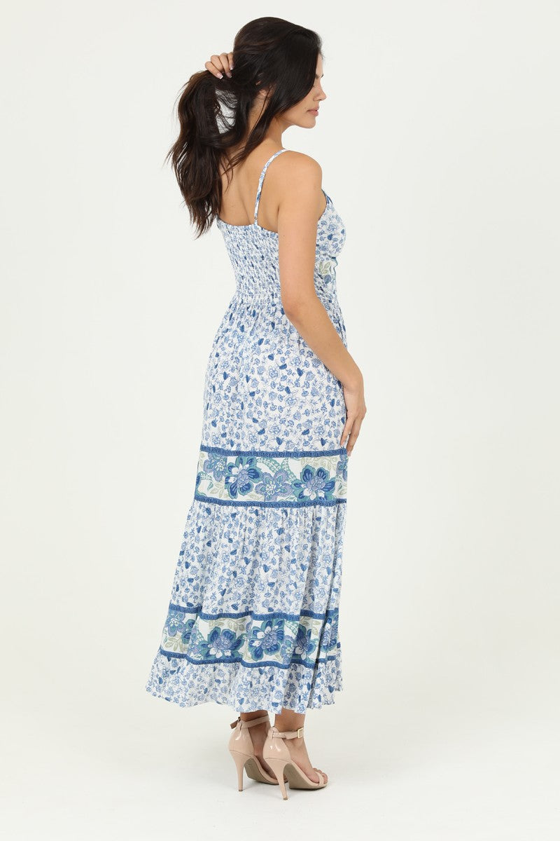 FLORAL MAXI DRESS WITH FRONT CUTOUT - BLUE/ OFF WHITE