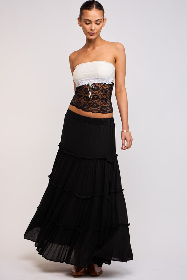 TIERED RUFFLE MAXI SKIRT - BLACK