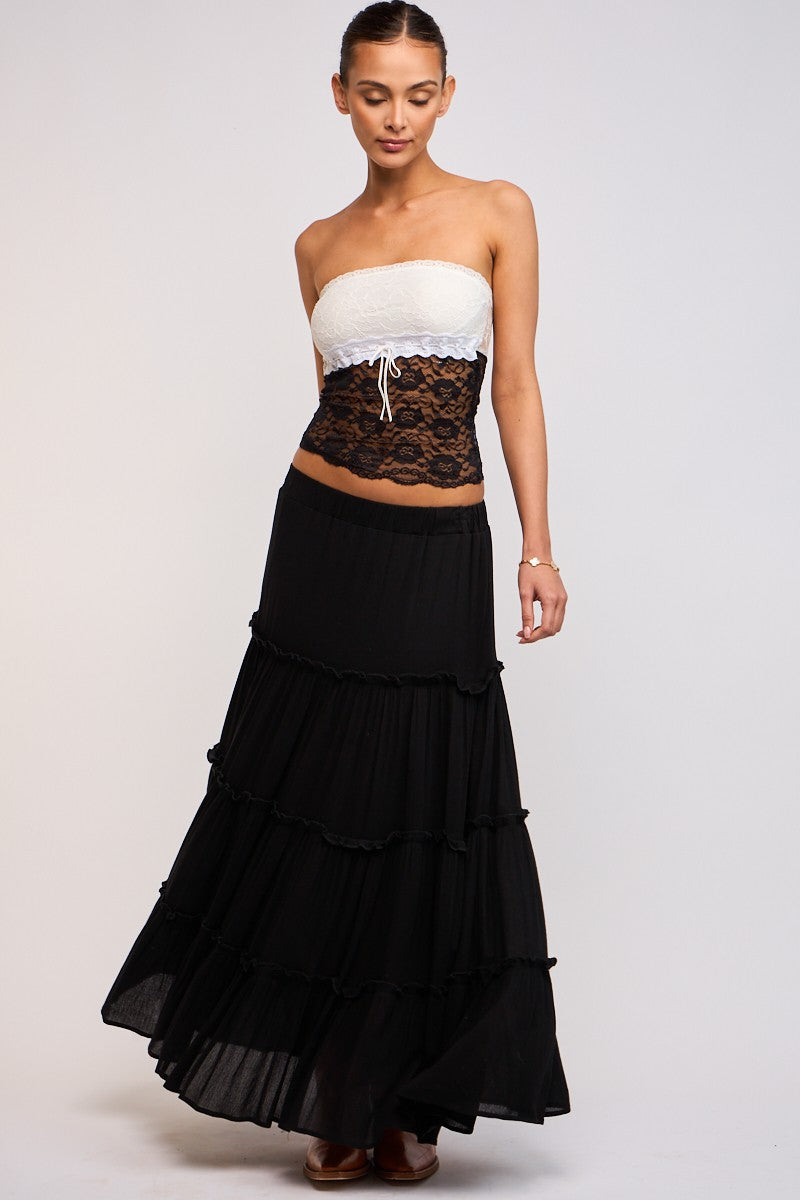 TIERED RUFFLE MAXI SKIRT - BLACK