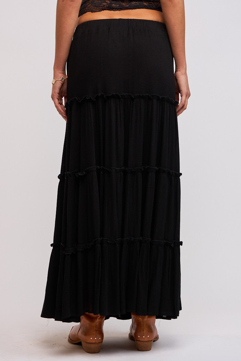TIERED RUFFLE MAXI SKIRT - BLACK