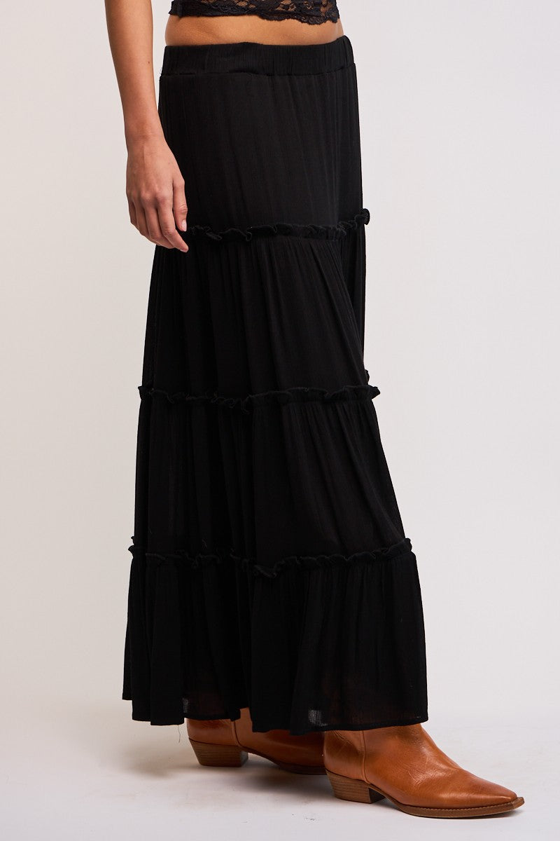 TIERED RUFFLE MAXI SKIRT - BLACK