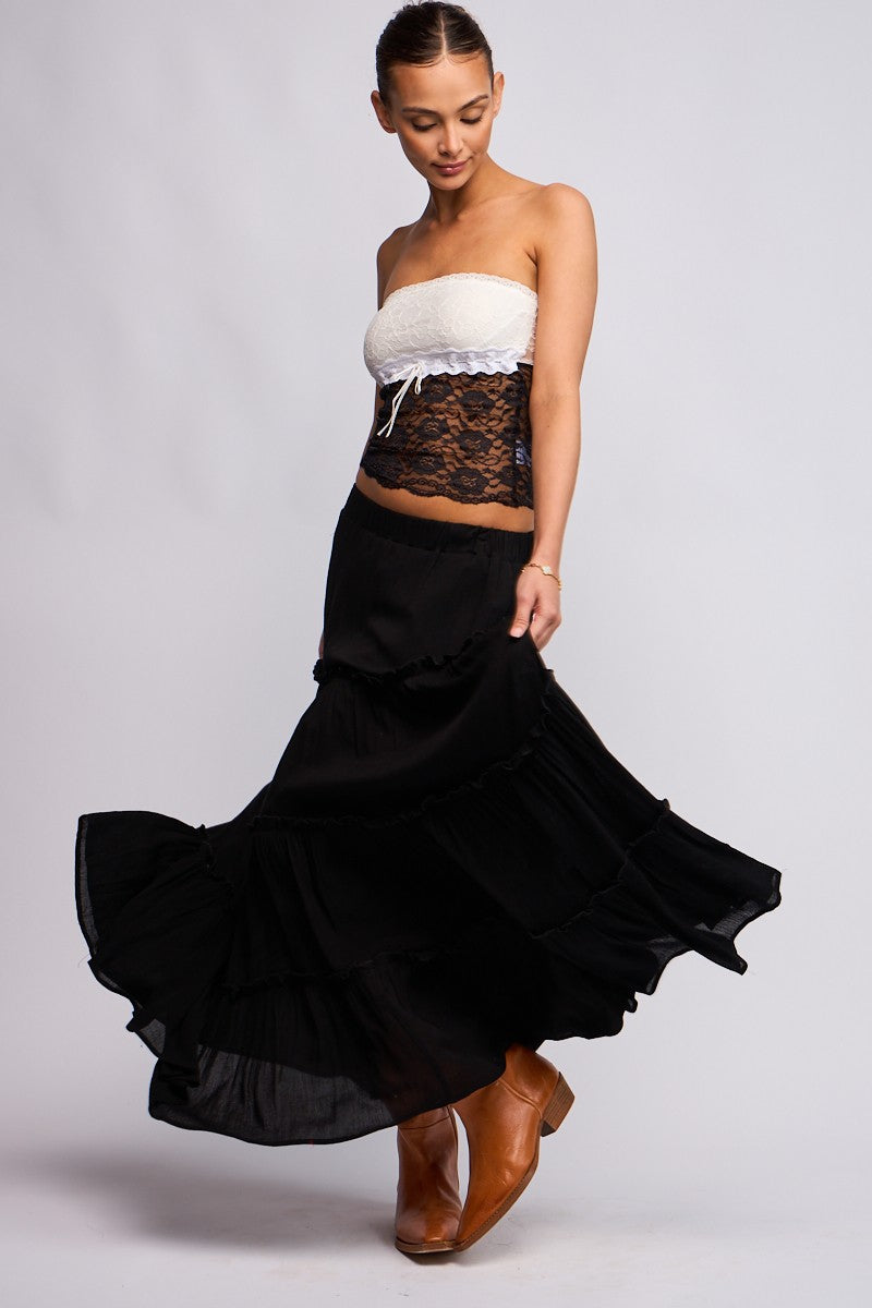 TIERED RUFFLE MAXI SKIRT - BLACK