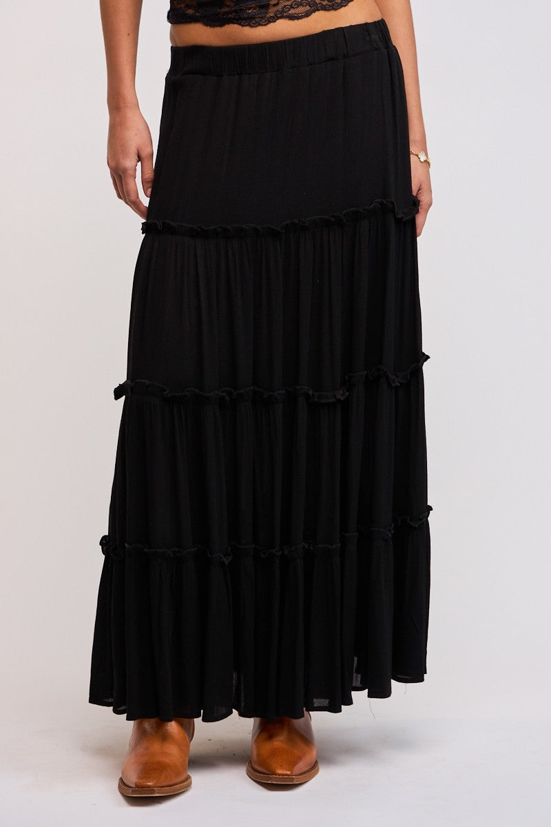 TIERED RUFFLE MAXI SKIRT - BLACK