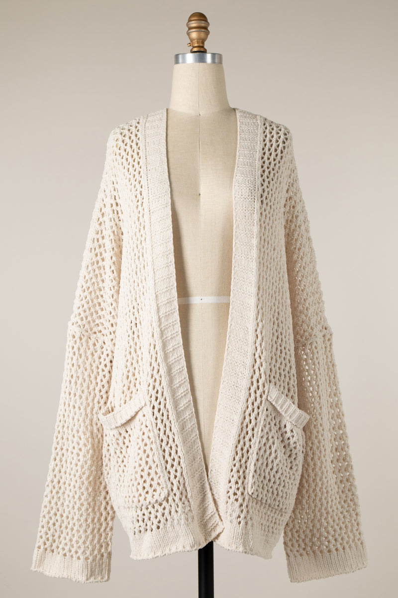 CHENILLE CROCHET CARDIGAN - BEIGE