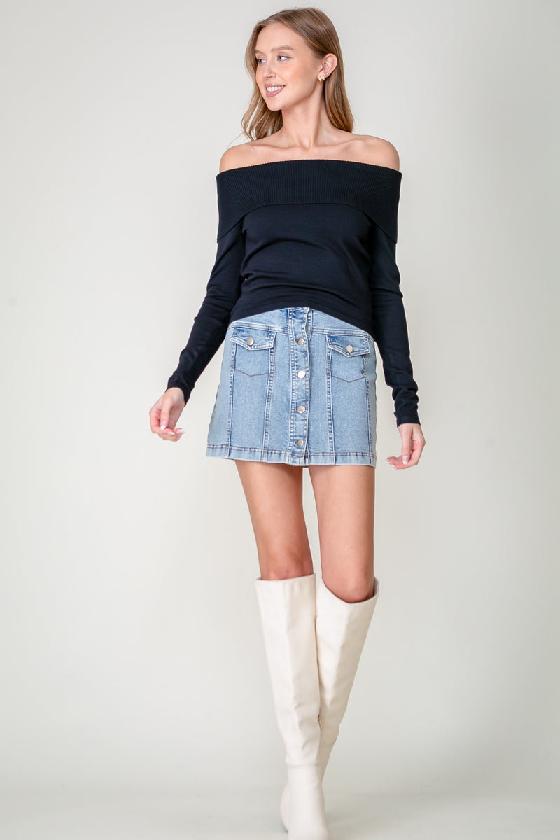 OFF SHOULDER SWEATER TOP - BLACK