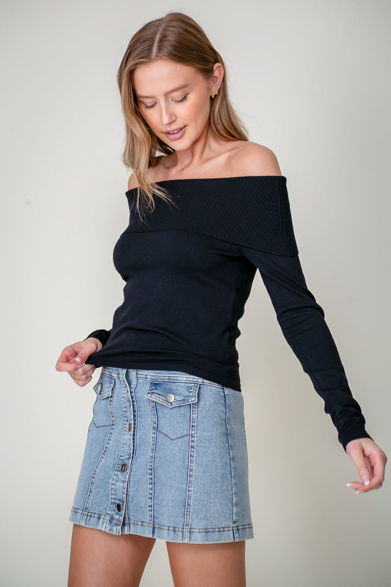 OFF SHOULDER SWEATER TOP - BLACK