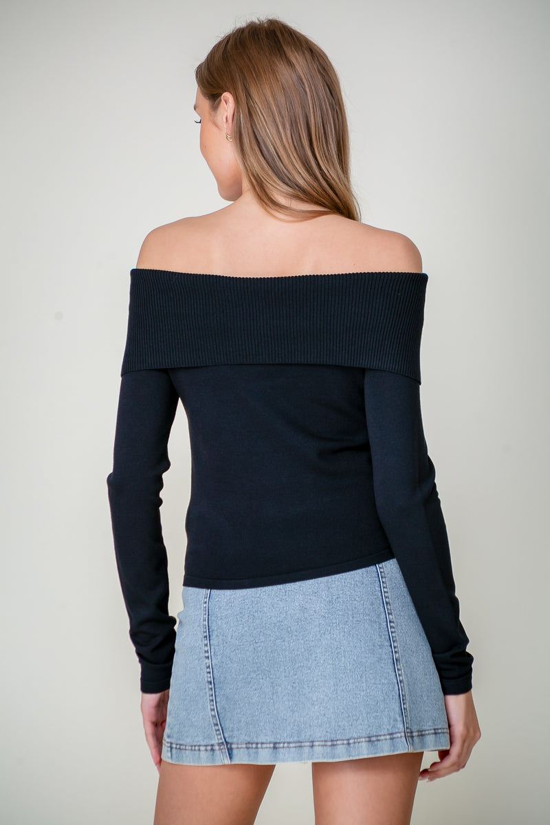 OFF SHOULDER SWEATER TOP - BLACK