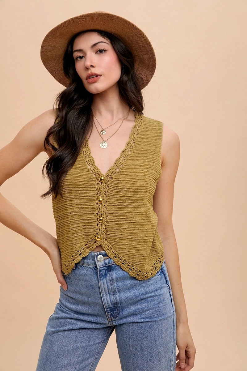 CROCHET TRIMMED SWEATER VEST - DRIED HERB