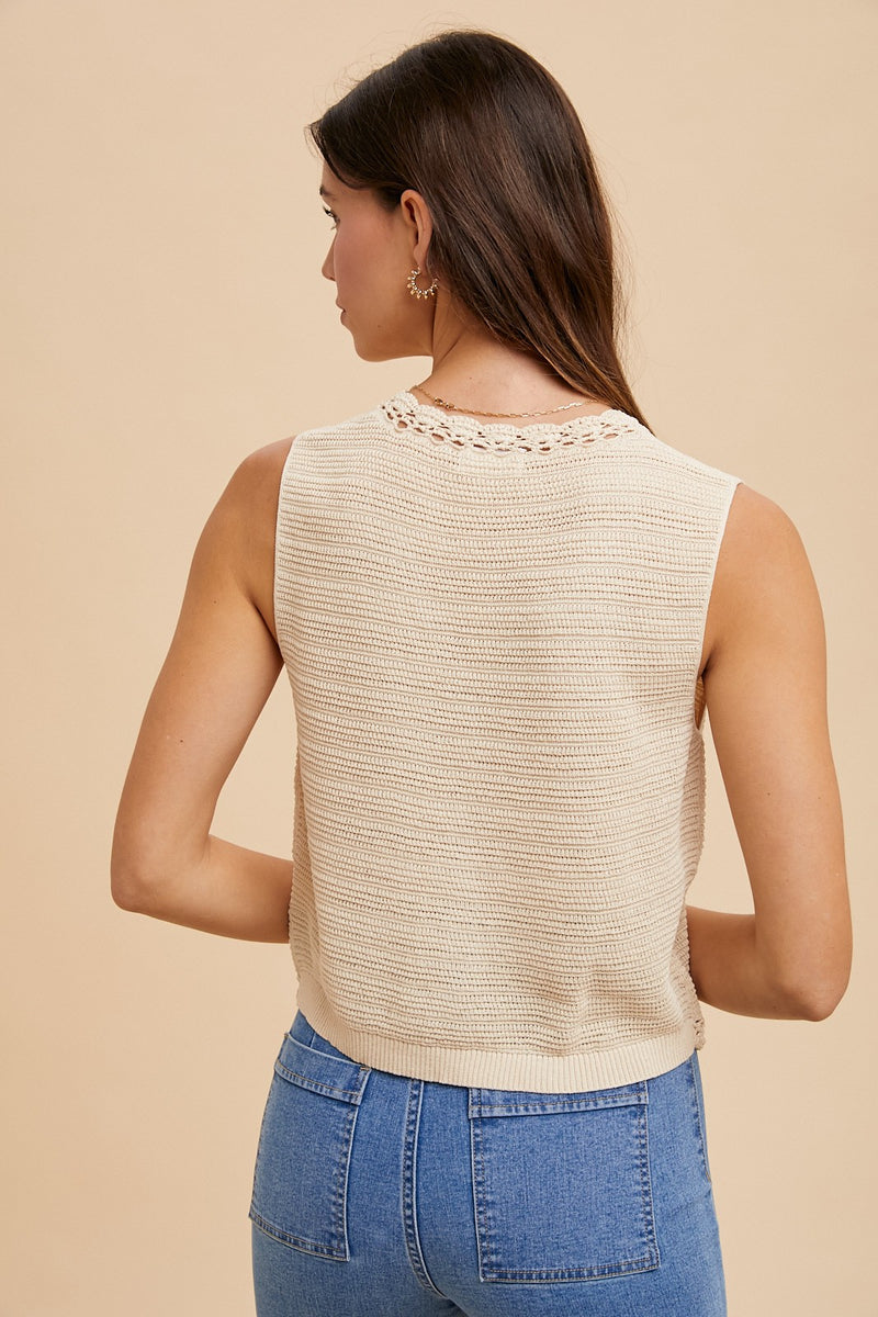 CROCHET TRIMMED SWEATER VEST - OATMEAL