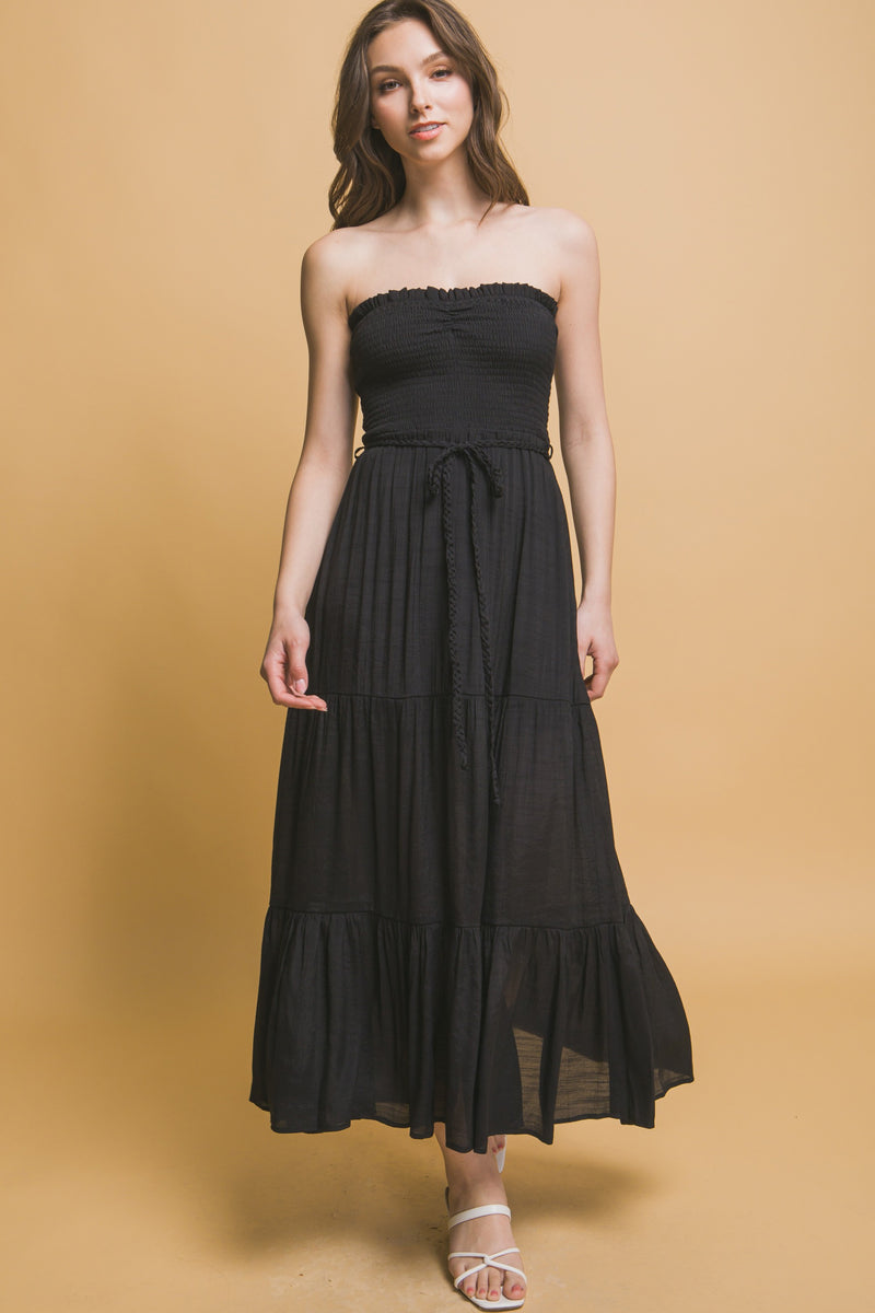 SMOCKED STRAPLESS MAXI DRESS - BLACK