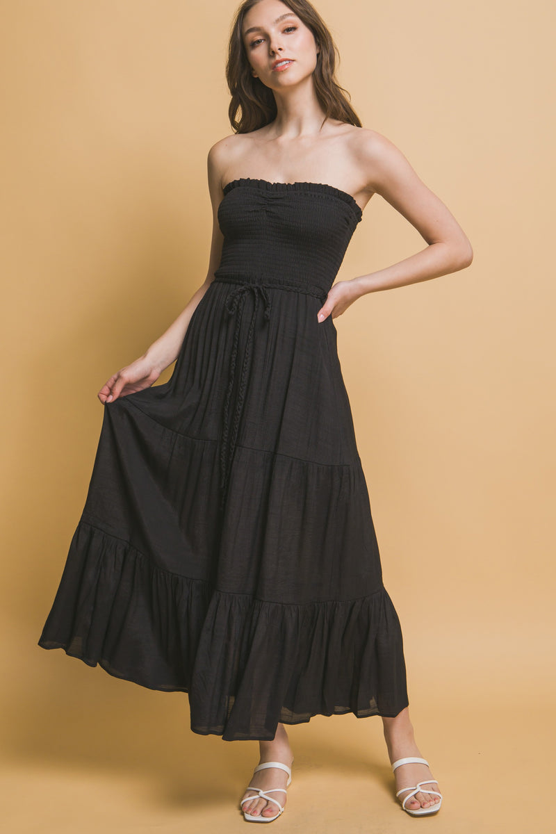SMOCKED STRAPLESS MAXI DRESS - BLACK