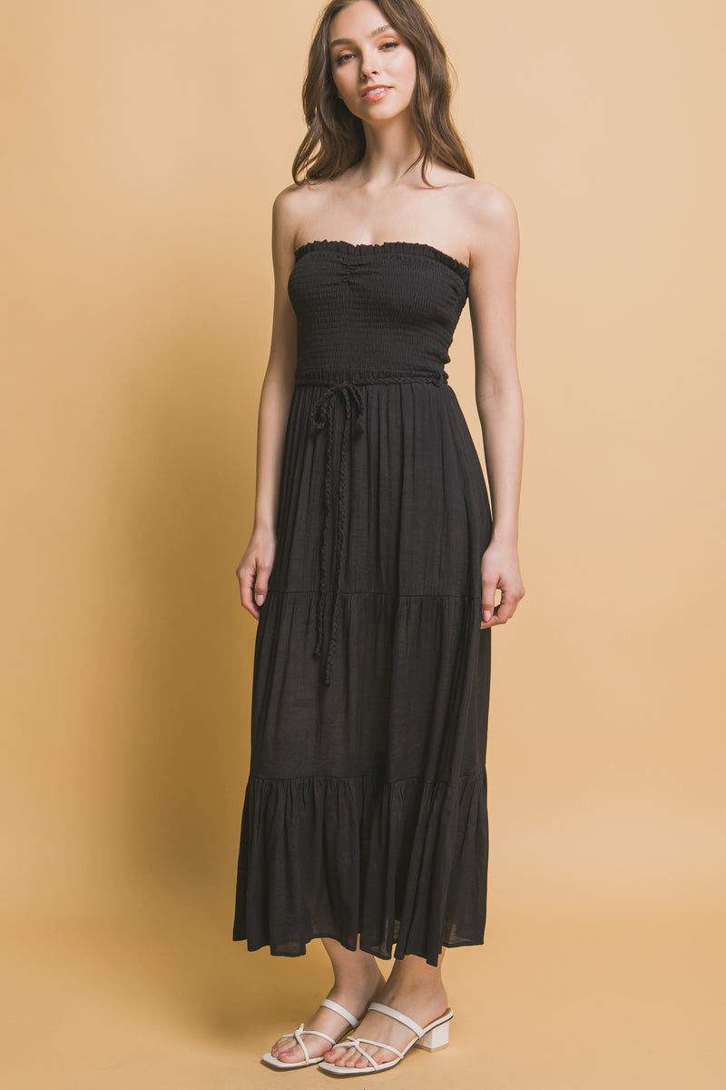SMOCKED STRAPLESS MAXI DRESS - BLACK