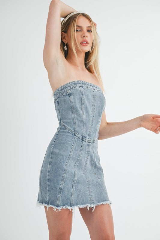 STRAPLESS DENIM MINI DRESS - MED WASH