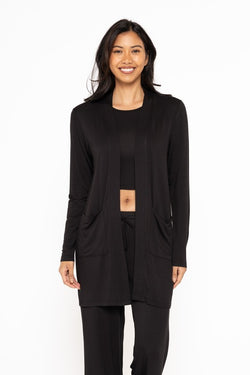 OPEN FRONT TERRY CARDIGAN - BLACK