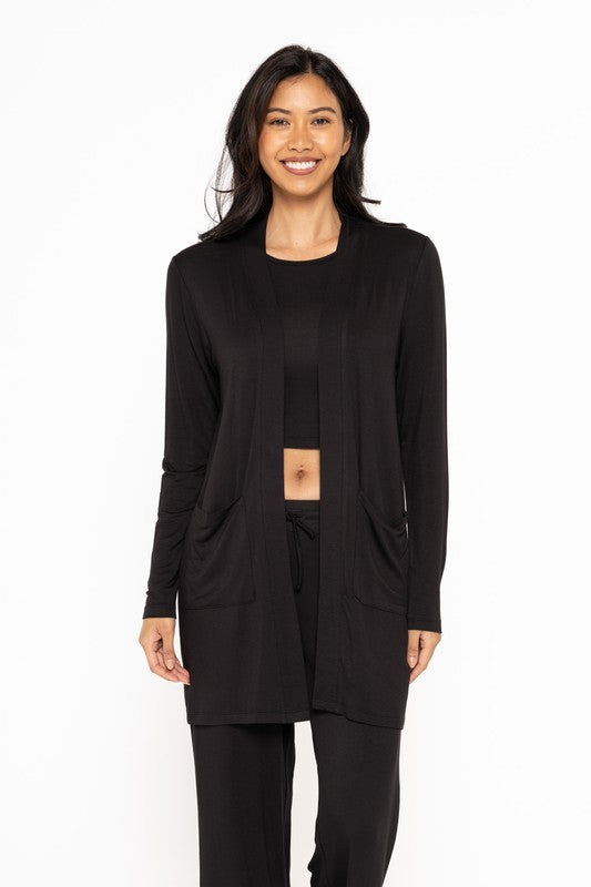 OPEN FRONT TERRY CARDIGAN - BLACK