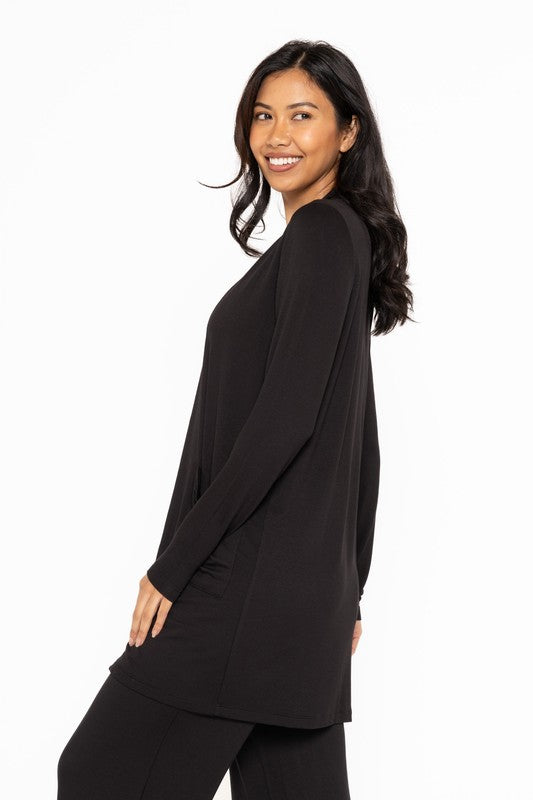 OPEN FRONT TERRY CARDIGAN - BLACK