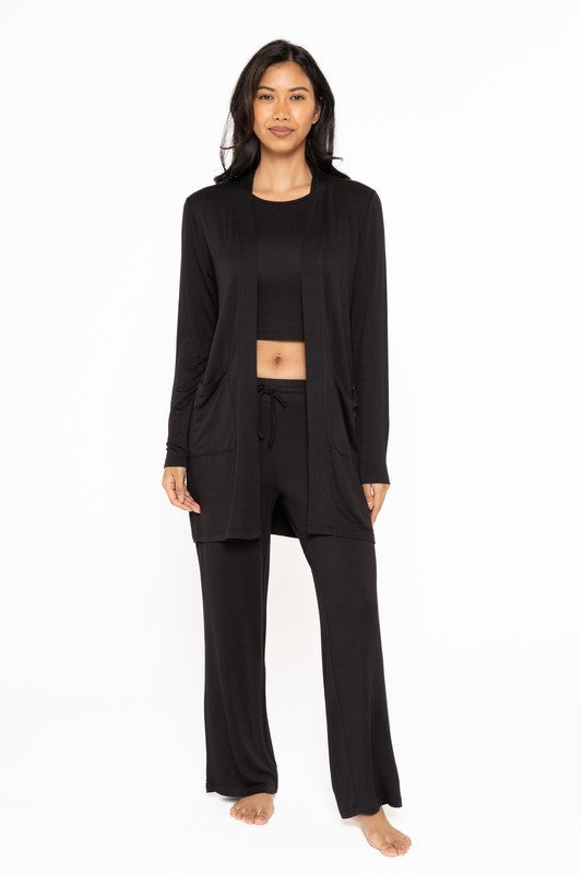 OPEN FRONT TERRY CARDIGAN - BLACK