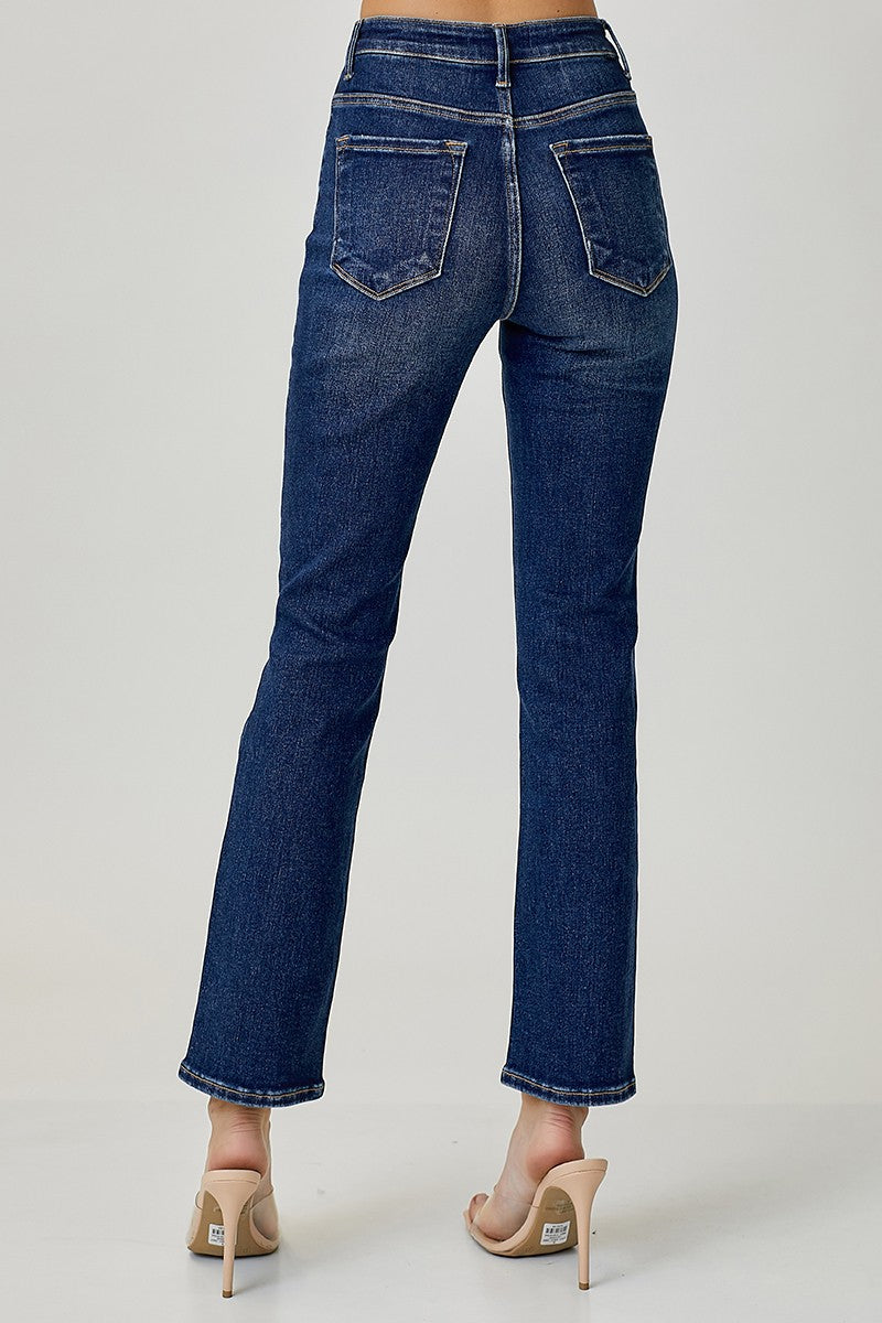 MID RISE ANKLE STRAIGHT SLIM JEANS - DARK WASH