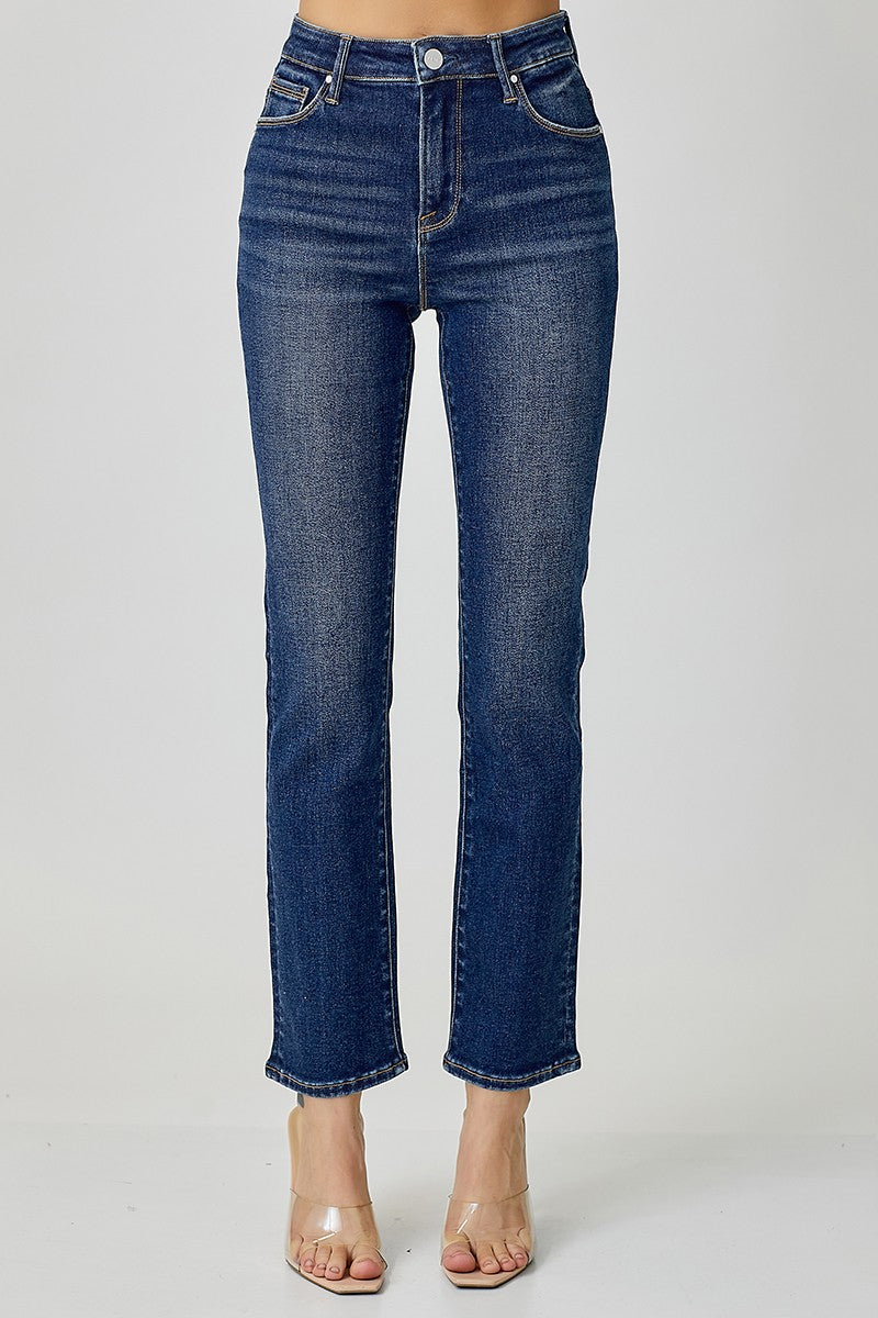 MID RISE ANKLE STRAIGHT SLIM JEANS - DARK WASH