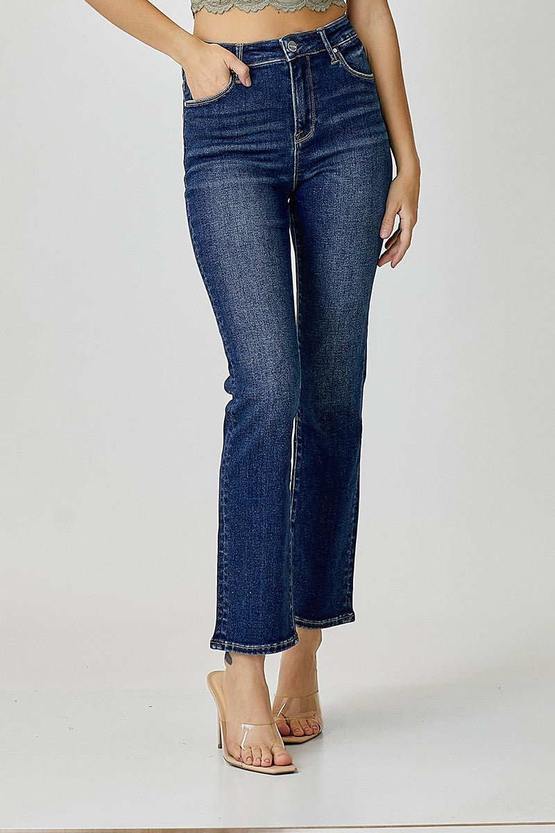 MID RISE ANKLE STRAIGHT SLIM JEANS - DARK WASH