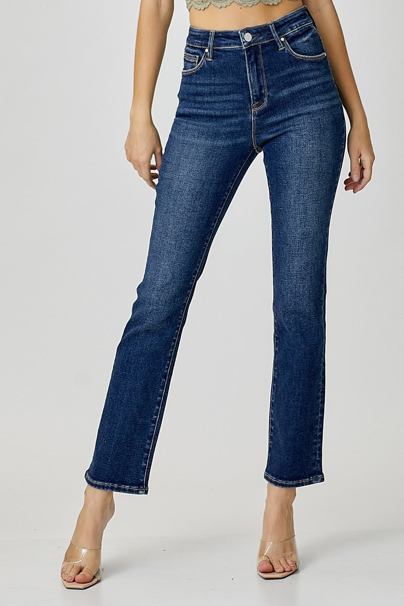 MID RISE ANKLE STRAIGHT SLIM JEANS - DARK WASH