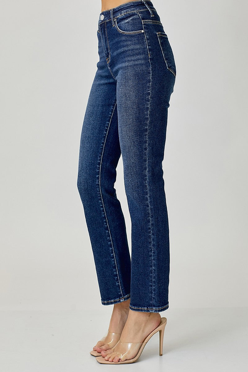 MID RISE ANKLE STRAIGHT SLIM JEANS - DARK WASH