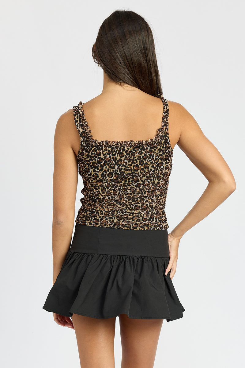 SQUARE NECK RUFFLE TANK TOP - LEOPARD