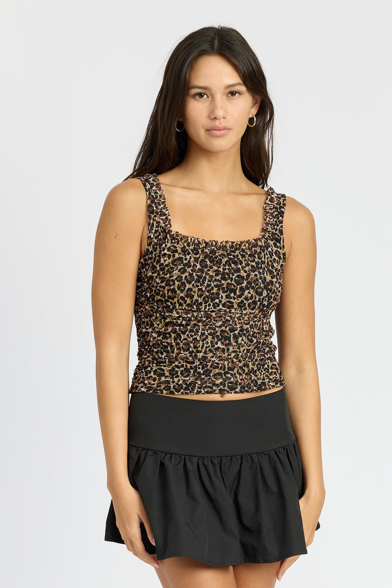 SQUARE NECK RUFFLE TANK TOP - LEOPARD