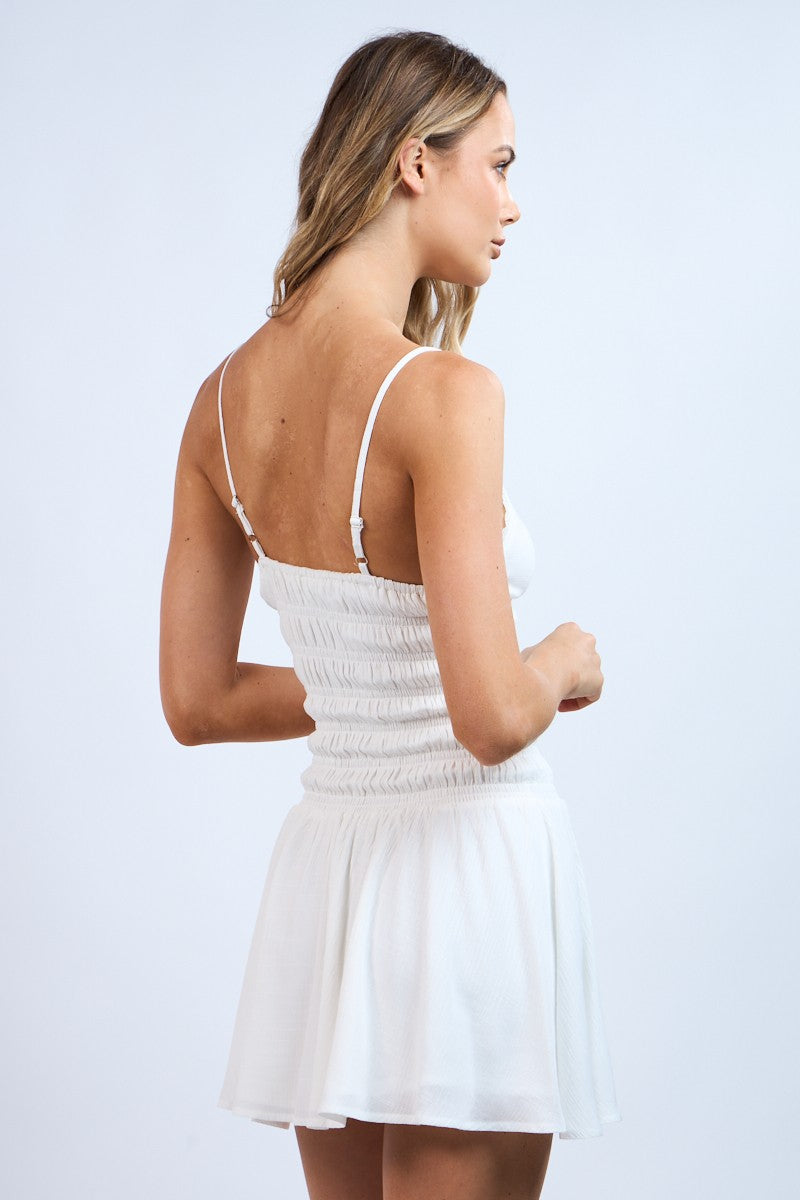 SMOCKED LACE TRIM MINI DRESS - WHITE