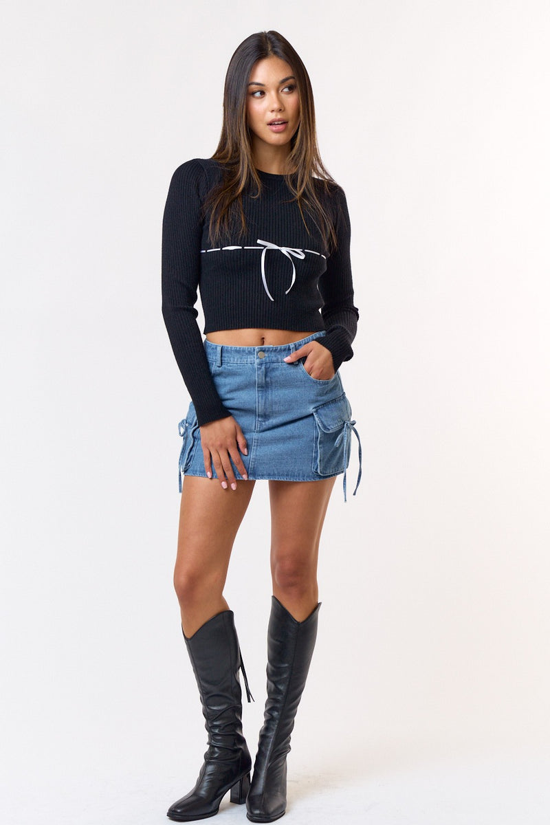 BOW  DENIM CARGO MINI SKIRT - DENIM