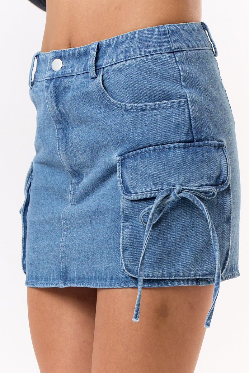 BOW  DENIM CARGO MINI SKIRT - DENIM