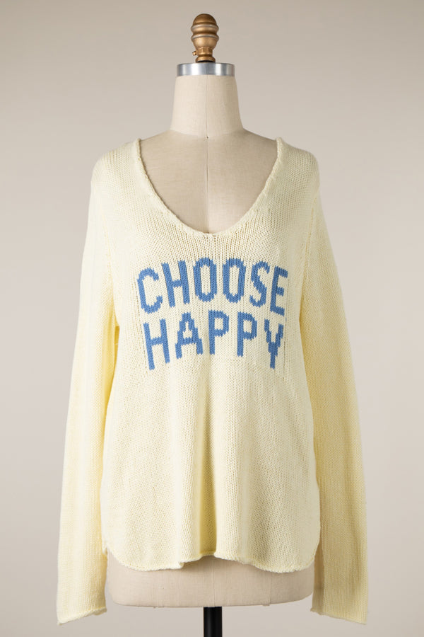 "CHOOSE HAPPY" V-NECK SWEATER - YELLOW/BLUE
