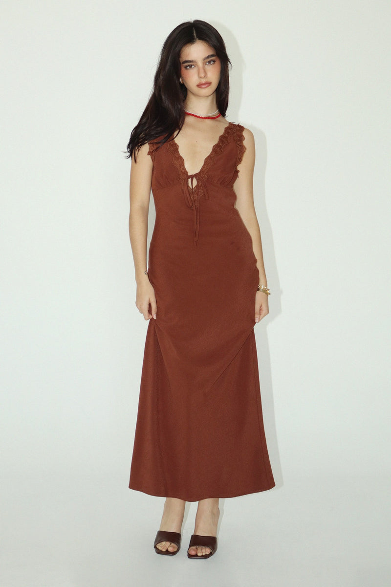 CRINKLE LACE TRIM MAXI DRESS - CHOCOLATE