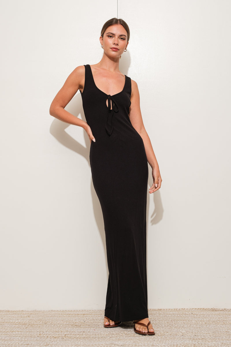 PEEKABOO RIBBED KNIT MAXI DRESS - BLACK