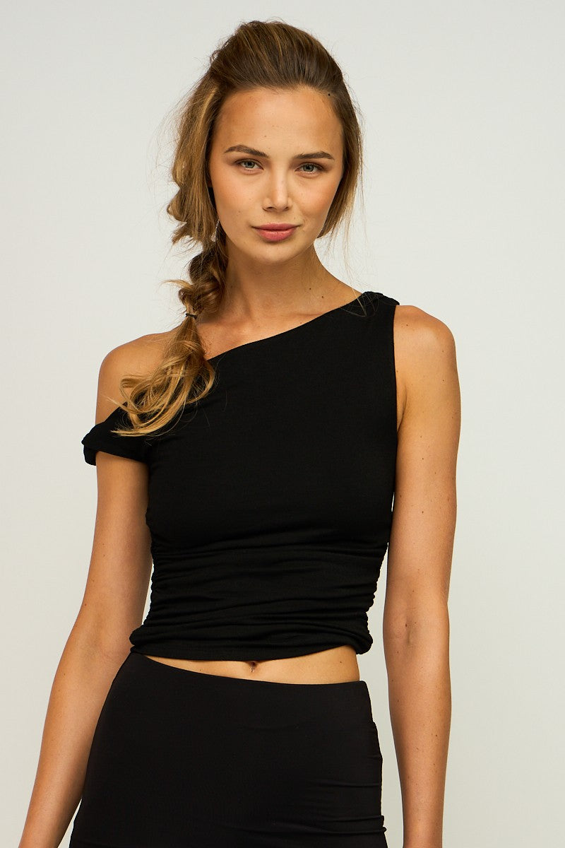 ASYMMETRIC ONE SHOULDER RUCHED TOP - BLACK